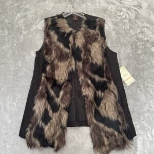 NEW Multiples Faux Fur Vest Womens Small Brown Tan Open Front Sleeveless Winter